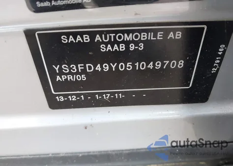 2005 Saab 9-3 Arc z USA, uszkodzony, nr VIN YS3FD49Y051049708